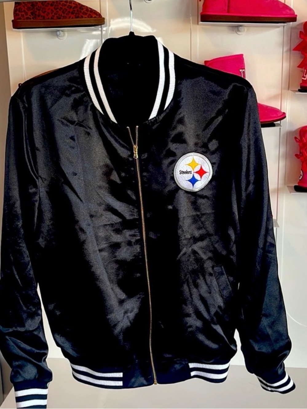 NFL Black Satin Bomber Jacket with White Stripe Trim